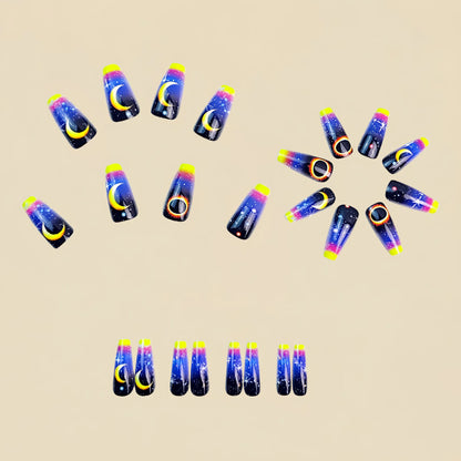 Medium fake nails for women gilrs gradient blue pink starry sky star moon Y2K design Almond nail tips press on false nail set