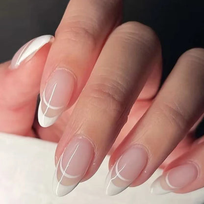 24PCS- white almond fake nails, red love pattern decoration, exquisite elegance, fashion generous, suitable for dating, dinner,