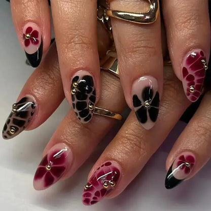 Fashion Brown Flowers Nude Color Nail Art Gold French Almond False Nails Detachable Finished Fake Nails Press on Nails with Glue