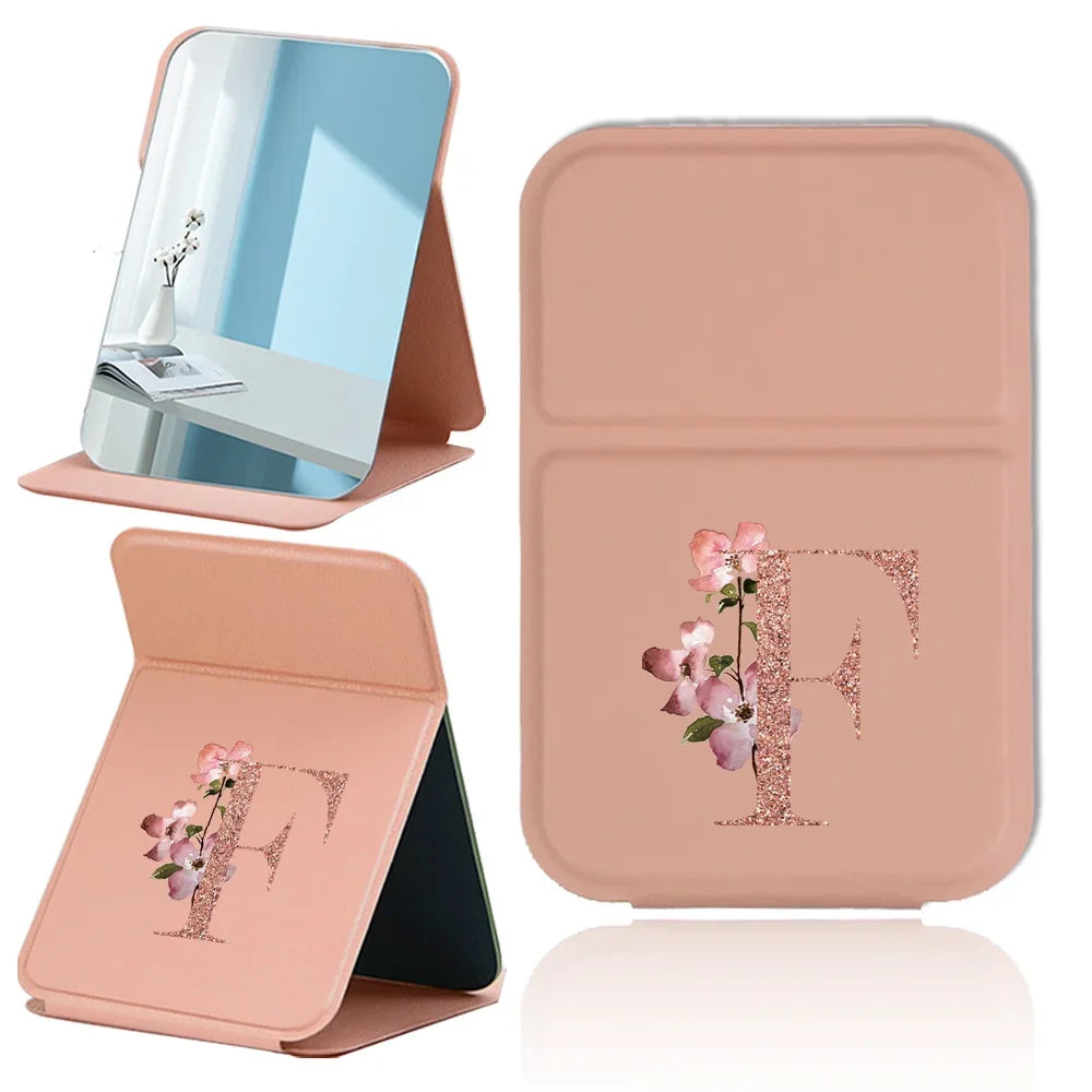 Fold Desktop Makeup Mirror Handheld PU Travel Makeup Mirror Portable Leather Anti Slip Pocket Mirror Rose Gold Letter Pattern