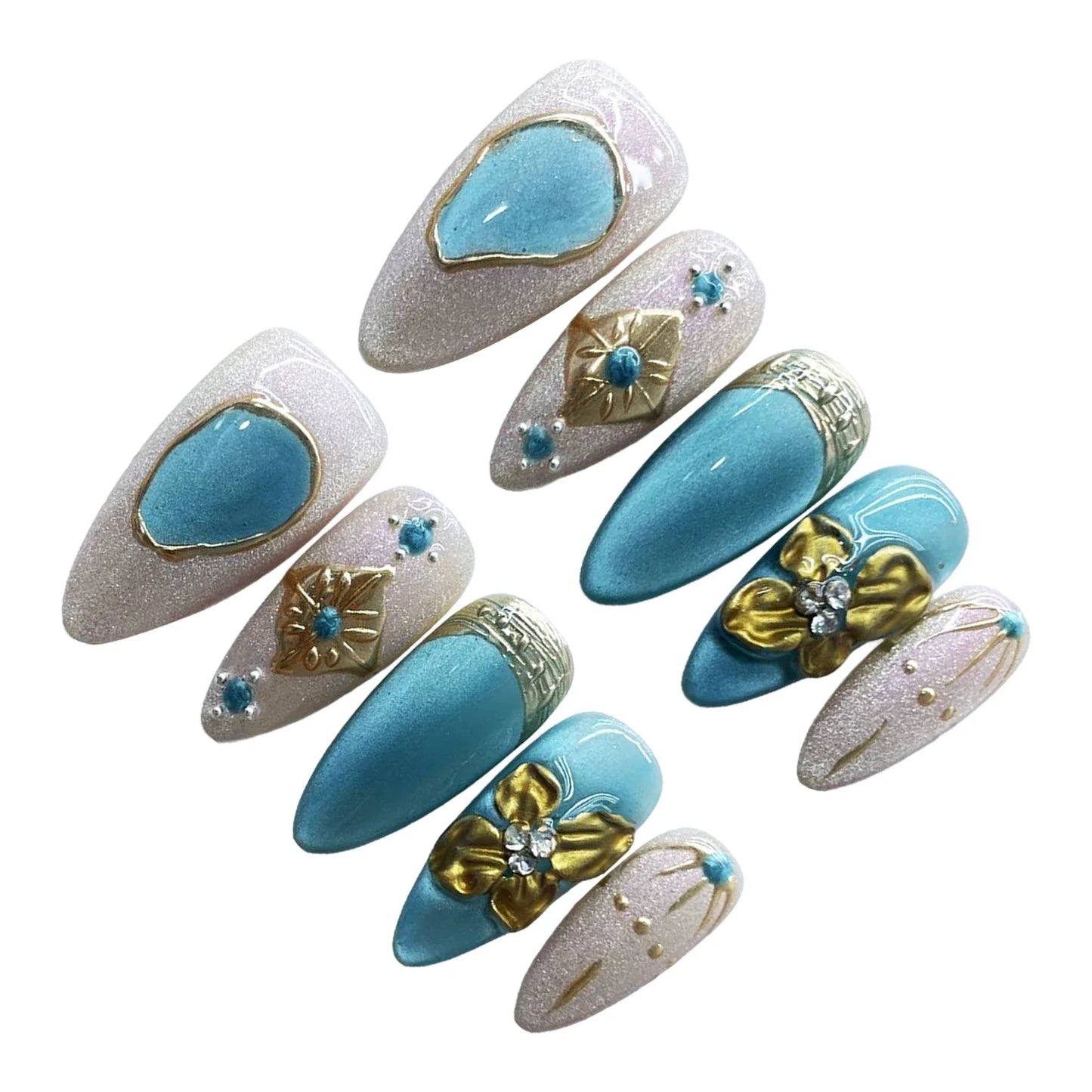 10PCS Handmade Almond Fake Nails With Carved 3D Floral Cat Eyes Pearl Brown Fake Nails Long Oval False Nail Wearable