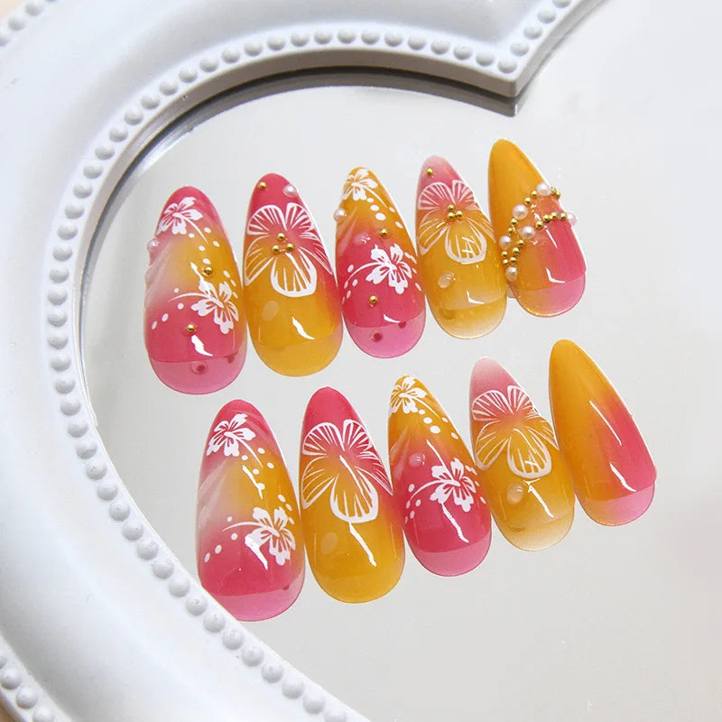 24pcs Gold Pink Flower Press On Nails Glossy Almond Autumn Wearable Fake Nails With Pearl Gold Ball Decor Ballet False Nail Tips
