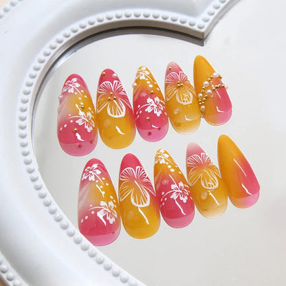 24pcs Gold Pink Flower Press On Nails Glossy Almond Autumn Wearable Fake Nails With Pearl Gold Ball Decor Ballet False Nail Tips