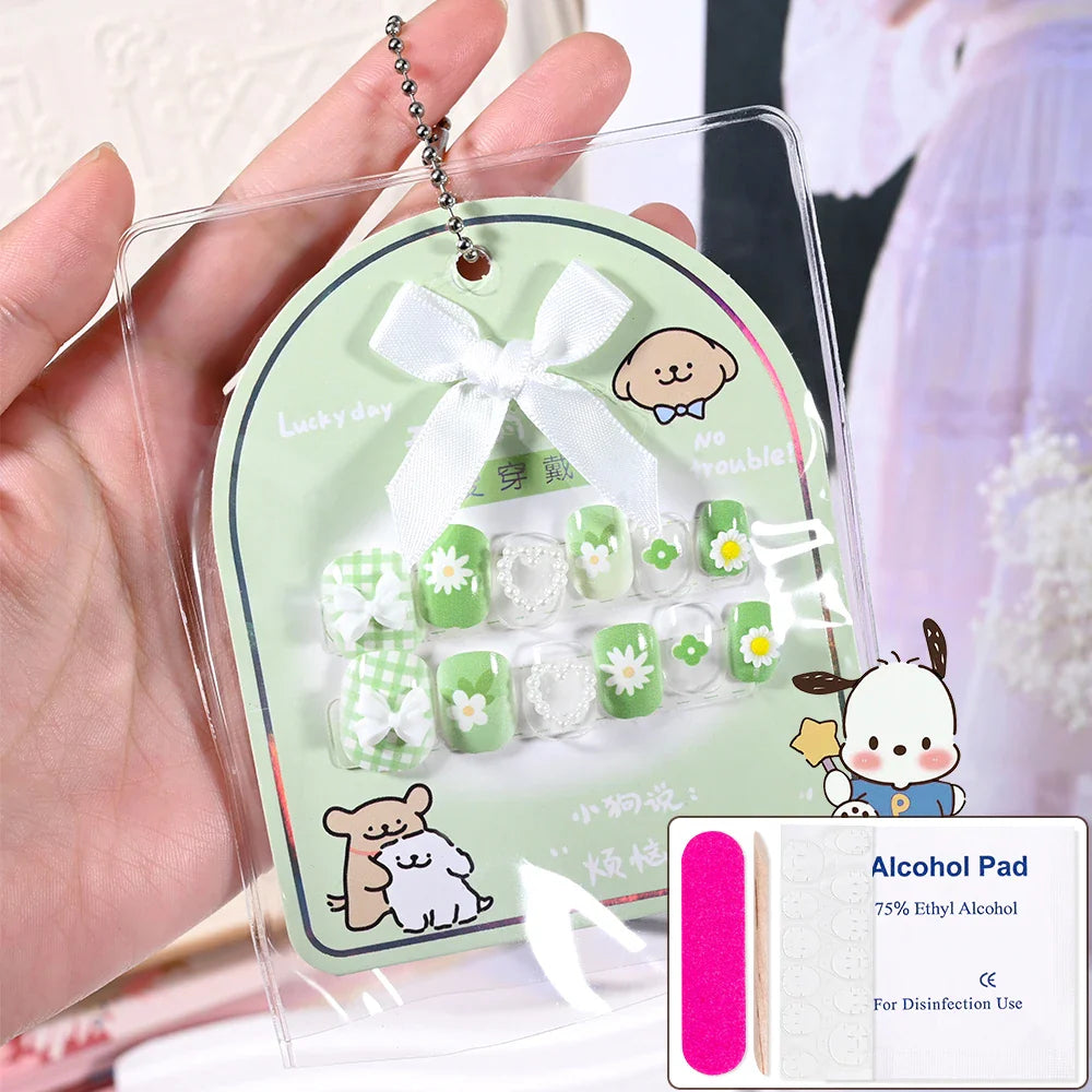 12pcs Kids 3D Stereo Sanrio Fake Nails Patch Sweet Girls Cute Cartoon Hello Kitty press on nails Kuromi Child Wearable FalseNail