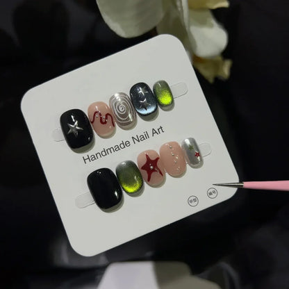 10PCS Glitter Cat Eye Short Oval Handmade Cute Press on Nail Y2k Stars Colorful Nail Art Sweet Cool Fake Nails for Wedding Party