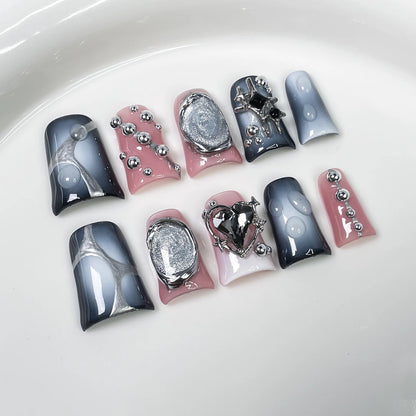 10pcs Pink Duckbill Handmade Press on Nails Art Simple White French Short Fake Nail Wearable Rhinestones Design False Nails Tips