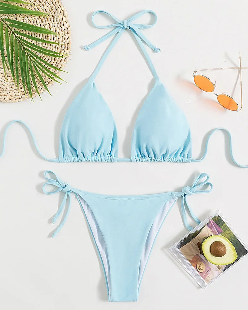 Bikini three-point swimsuit sexy drawstring strap halter bikini solid color lace-up split swimsuit