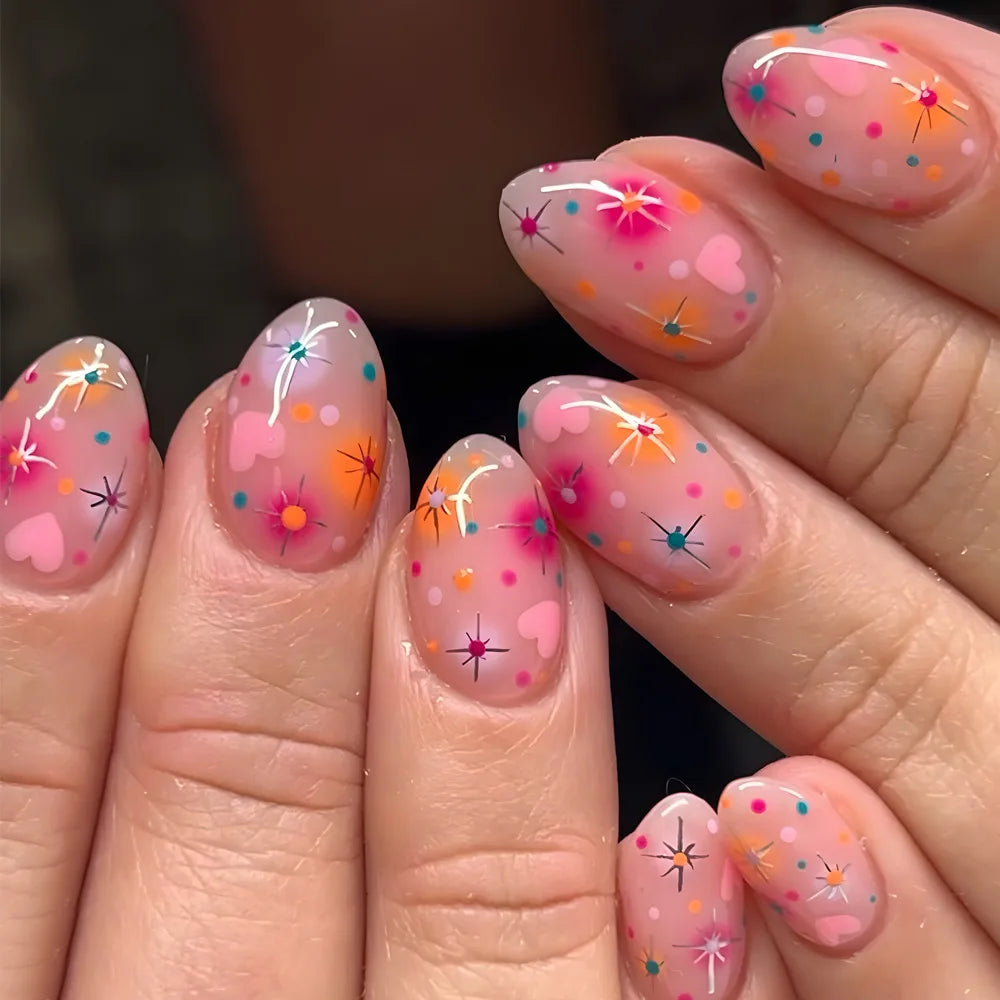 24pcs Cute False Nail Ocean Creature Pattern Stick on Nails Yellow French Short Almond Fake Nail Flower Design Press on Nails