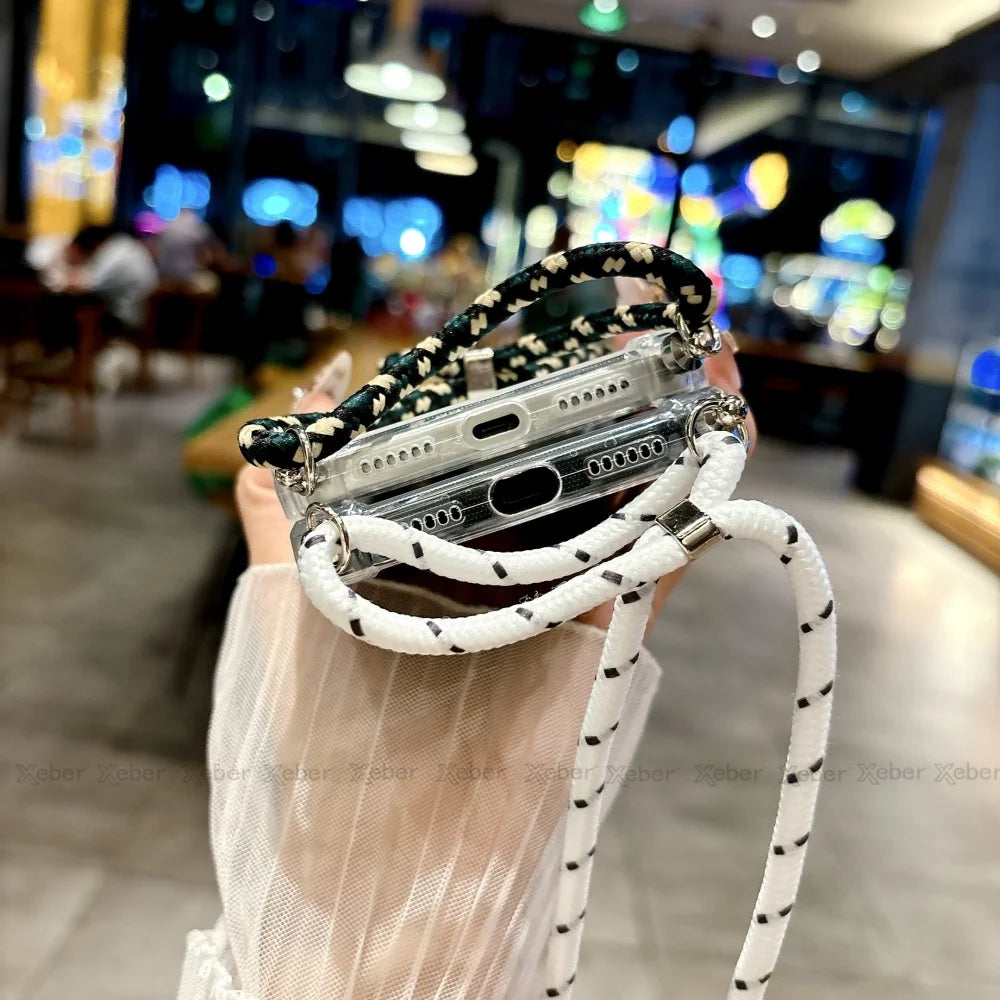 Shockproof Clear Soft Bumper Case For iPhone 17 16 15 14 Pro Max Plus Crossbody Lanyard Necklace Strap Cord Nylon Rope Cover