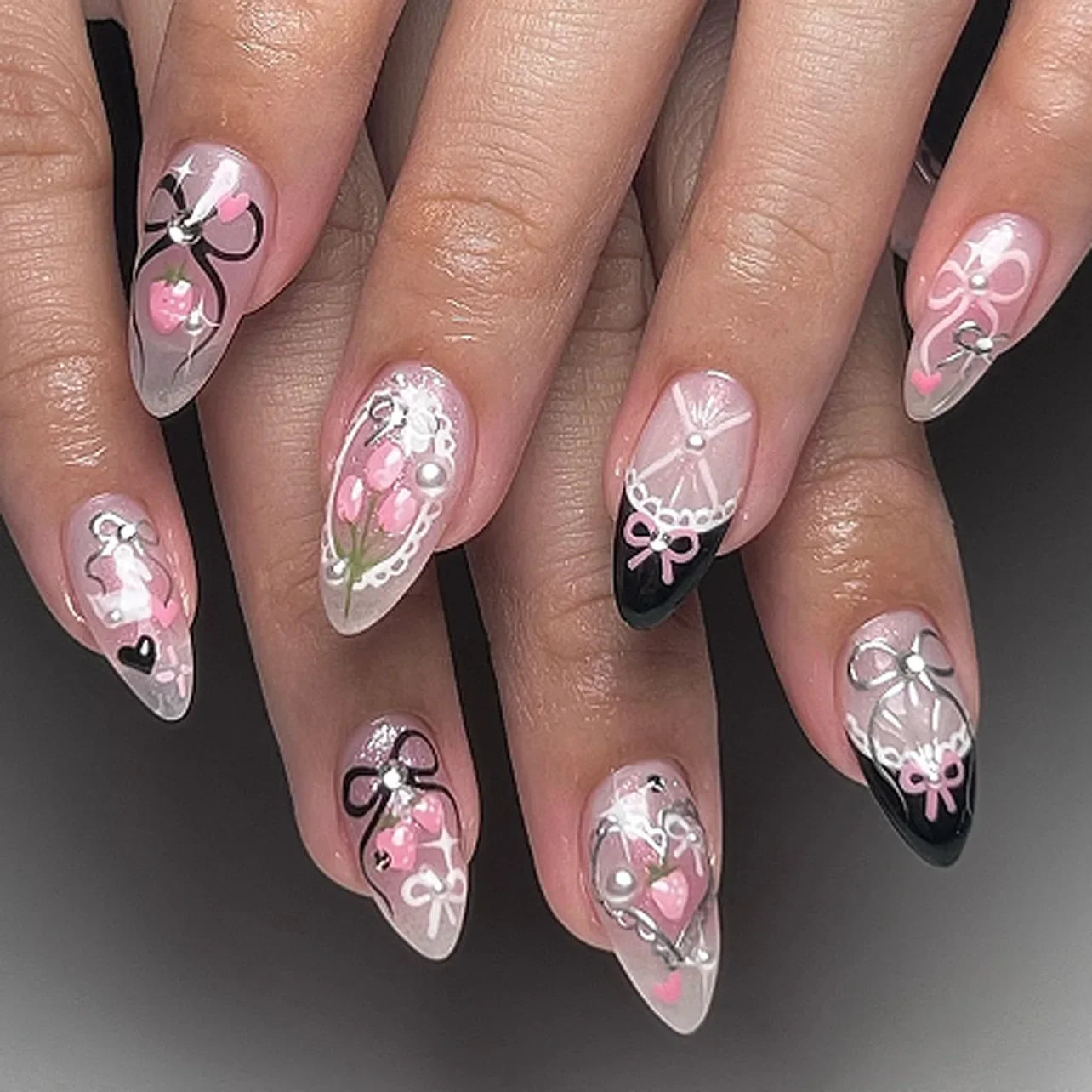 24pcs/Box Long Coffin False Nails Art Rose with Glue Wearable Nude Pink White Color Jelly Nails Tips Full Cover Press on Nails