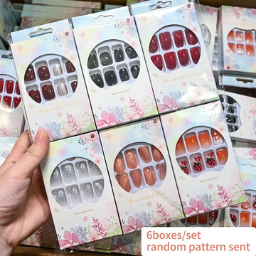 6 Boxes/set Press On Nails Full Cover Sweet Pink Red Short Round Head False Nails Manicure Wearable Nail Tips with Jelly Gel