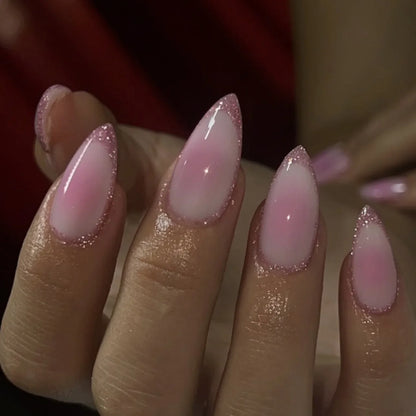 24Pcs Simple Glitter Almond False Nails with Glue Ballerina Nail Design Sweet Cool French Detachable Press on Nail Manicure Tips