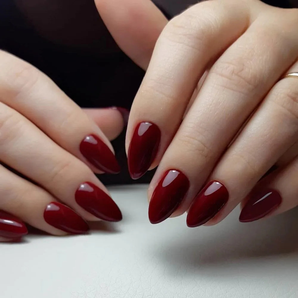 Artificial Short Fake Nail Press On False Nails Stiletto Shiny Wine Red DIY Women Fingertips Full Cover Manicure Tools