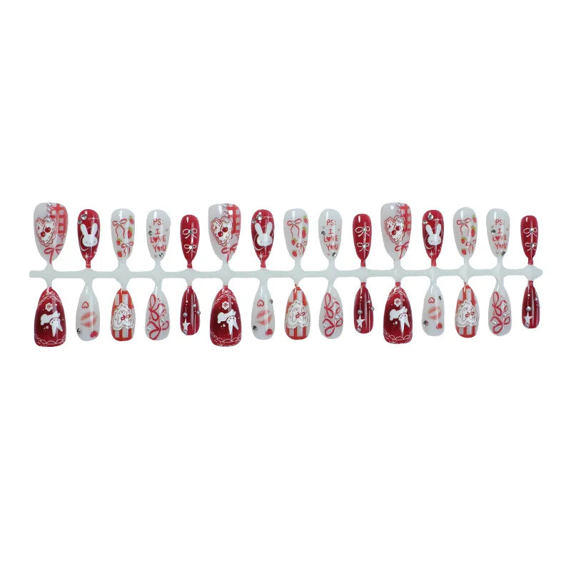 24pcs Bow Cartoon Rabbit Press on Nails Almond French Fake Nails Full Cover Wearable False Nails