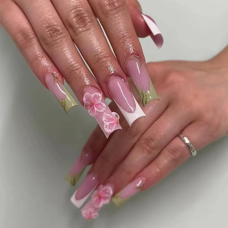 24pcs Blush Pink French Press On Nails Hand-painted White Flower Gold Ball Designs Fake Nail Short Square Korean False Nail Tips