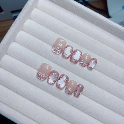 10Pcs/Set Press On Acyrlic Ice Cat's Eye Handmade Fake Nails Short/Medium Almond 3D Mirror Flower Pearls Decor Nude French Nails