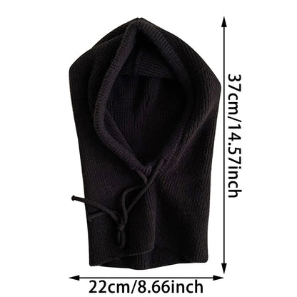 Knitted Hooded Scarf Hat Knit Balaclava Korean Outdoor Style Warm hooded scarf with adjustable drawstring