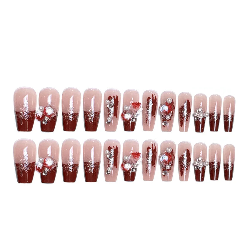 24pcs Red Rose Fake Nails Long Flower Ballet Press on Nails Design French False Nail Full Cover Wearable Fake Nail Tips Art