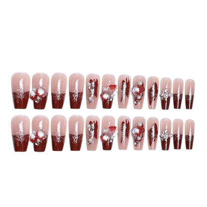 24pcs Red Rose Fake Nails Long Flower Ballet Press on Nails Design French False Nail Full Cover Wearable Fake Nail Tips Art