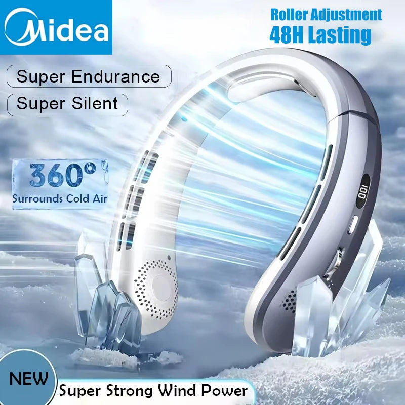 Midea 8000mAh Portable Hanging Neck Fan Bladeless Neckband Fan Digital Display Power Air Cooler USB Rechargeable Electric Fan