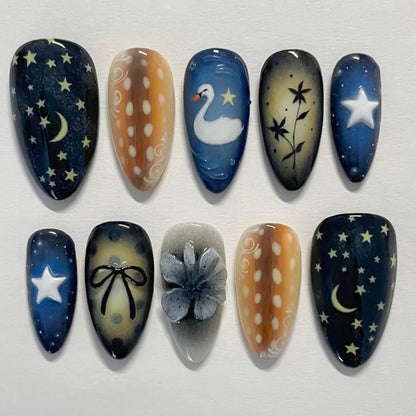 24pcs White Flower Fake Nail Tips Ins Yellow Pink Blush False Nails Wearable Full Cover European Almond Shaped Press on Nails