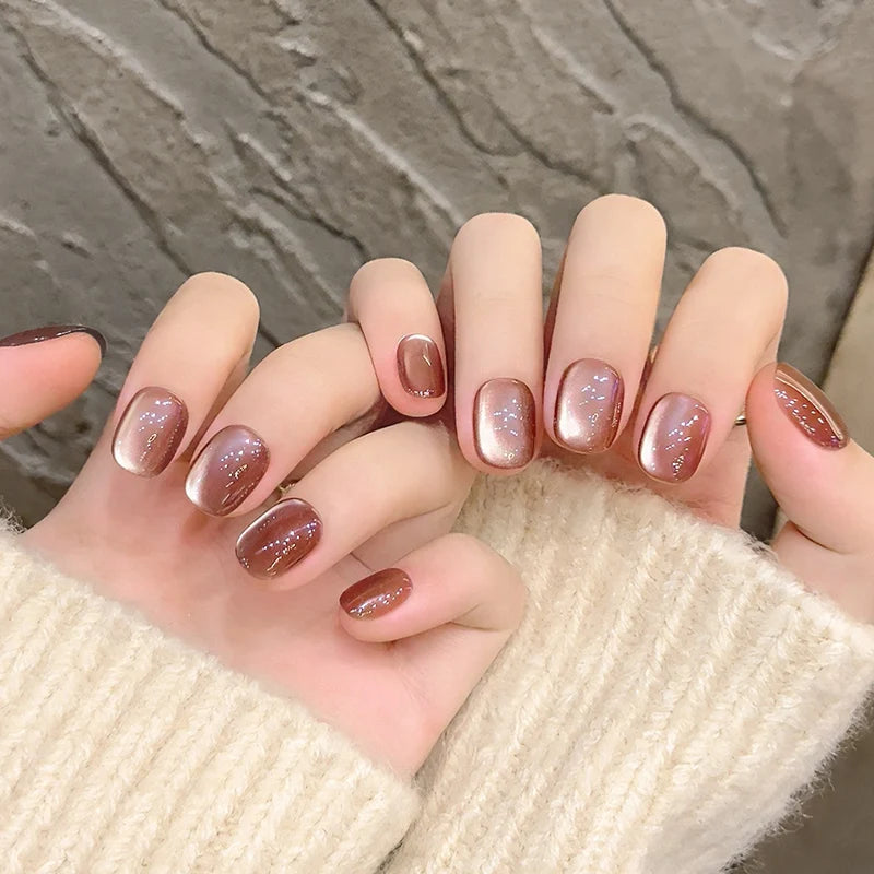 10pcs Handmade Short Brown Cat Eye Fake Nails for Girls Solid Color Press on Nail Art Manicure Sweet Autumn False Nail Tips 네일팁