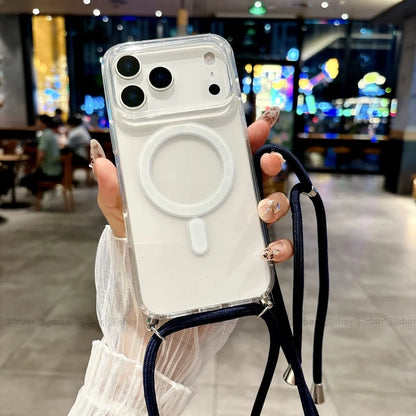 Crossbody Lanyard Necklace Rope Clear Case For iPhone 13 14 Plus 15 16 17 Pro Max For Magsafe Magnetic Wireless Charging Cover