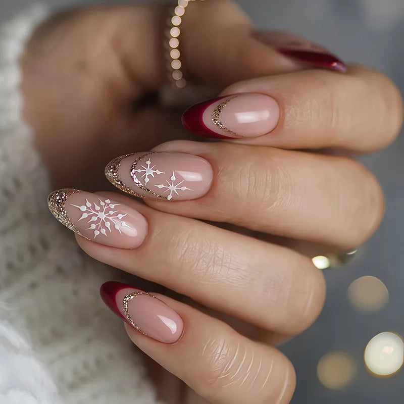 24pcs Christmas Snowflake Almond False Nails Art Wearable Glitter Red Full Cover Nail Tip with Stripe Design Press on Fake Nails