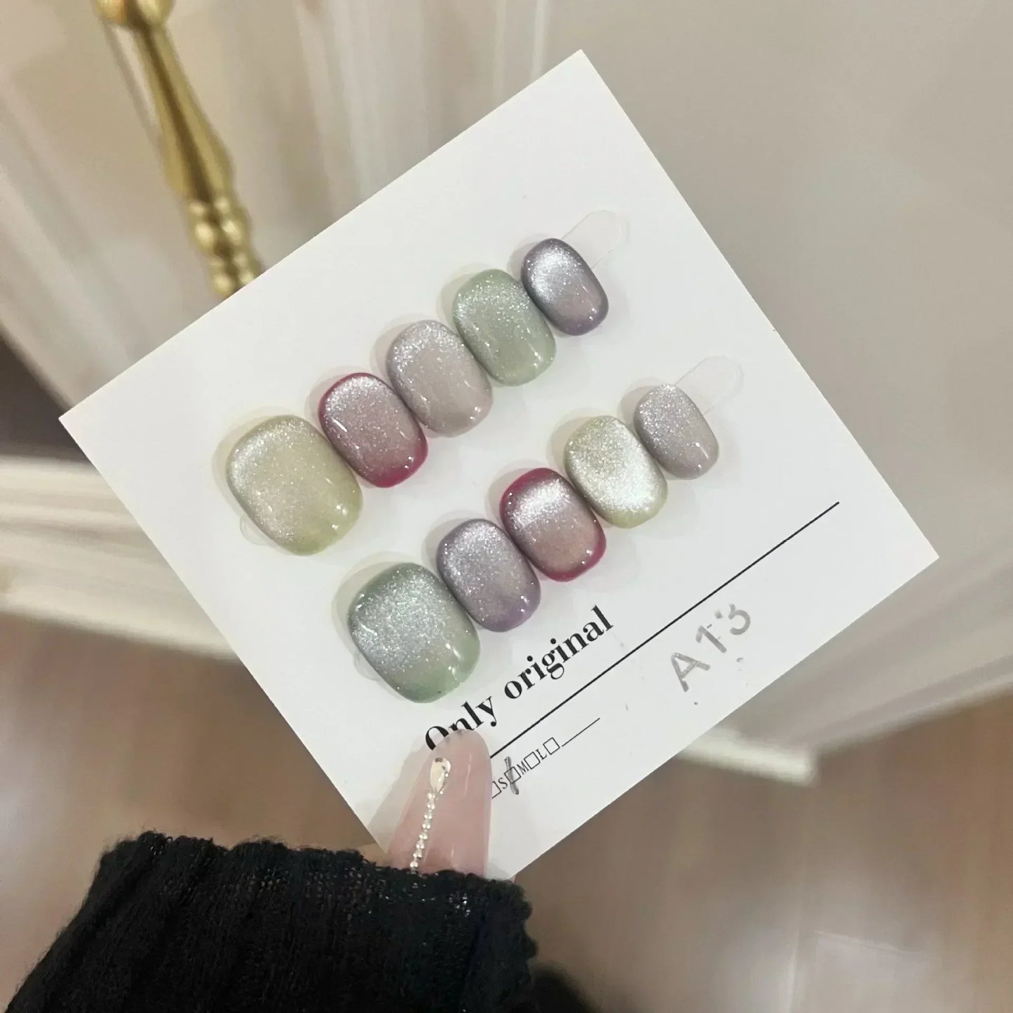 10Pcs Short Handmade Light Green Press On Nails Cat Eyes Pure Ballerina Decoration Wearable False Nails Full Cover Nail Tips Art