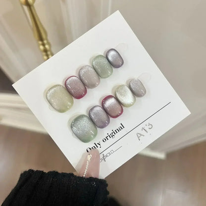 10Pcs Short Handmade Light Green Press On Nails Cat Eyes Pure Ballerina Decoration Wearable False Nails Full Cover Nail Tips Art