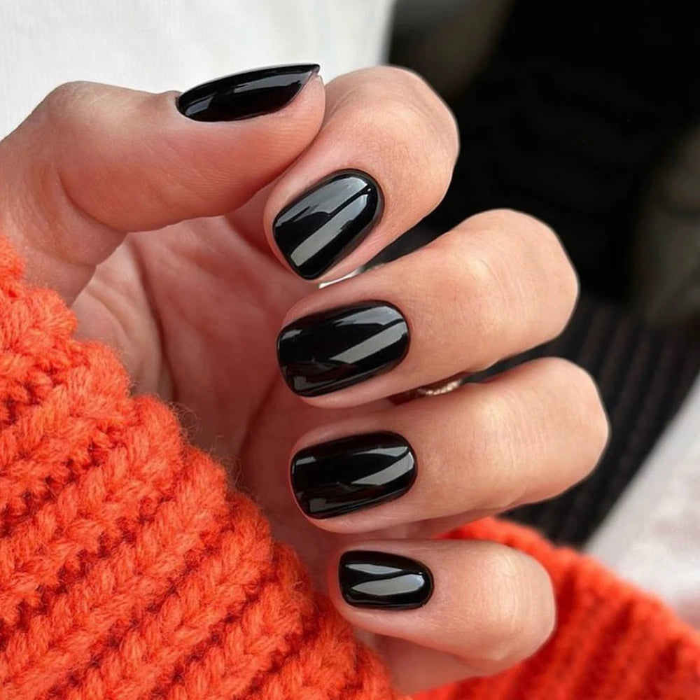 120Pcs Classic Glossy Black Fake Nails Full Cover Press On Nails Short Round Reusable False Fingertips DIY Women Manicure Tools