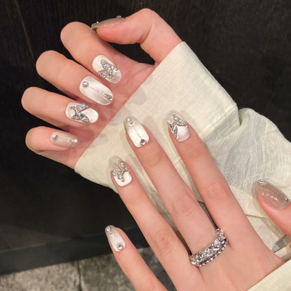 10pcs Handmade Press on Nails Shiny Sliver Cat Eye Fake Nail Tips with Sliver Butterfly Design Wearable Fashion False Nails