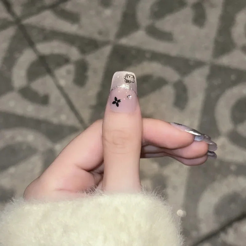 10PCS Purple Cat Eye Handmade Medium Square Fake Nails Sweet Cartoon Cat Patterns Silver French Press on Nails Korean Nail Tips
