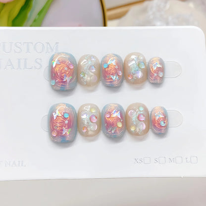 10pcs/set Handmade Press-On Nails - Blue Glossy Fish & Bubbles Design Short Oval Fake Nails with Cat Eye Effect False Nails