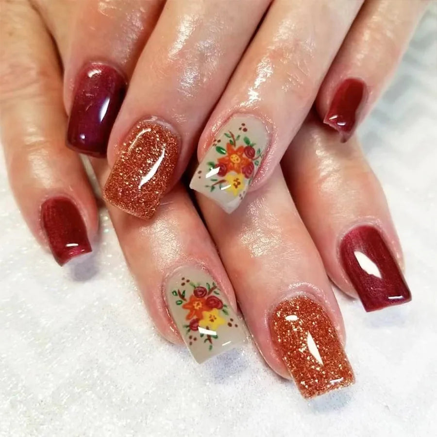 24Pcs Short Almond Press-On Nails Pink Floral French Tip Glossy&Elegant Full Cover Fake Nails for Women&Girls Spring,Daily Wear