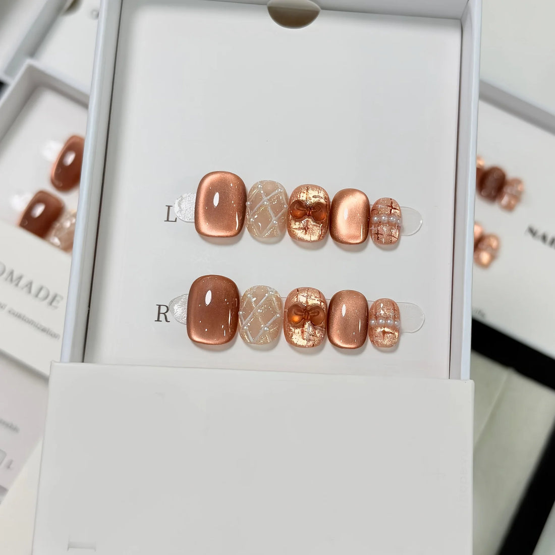 10pcs Handmade Press on Nails Brown Diamond Pattern Bow Full Coverage Nail Tips for Women&Girls Removable Wearable False Nail