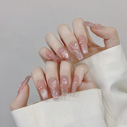 Handmade Press on Nails Shiny Pink Cat Eye Pearl Fake Nail Tips For Girl Women Wearable Full Cover Korean Sweet False Nails