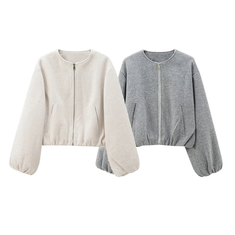 TRAF Beige Cropped Jacket Outerwears Women's 2024 Autumn Winter Wool&Blend Short Bomber Varsity Jacket Fashion Casual Grey Coat