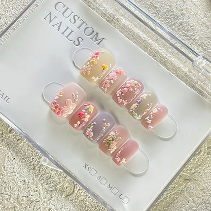 10Pcs 3D Embroidery Feel Colorful Flowers Caramel Iced Coffee Camellia Gilded Gold Wearing Armor Press on Nails Trend Nail Art