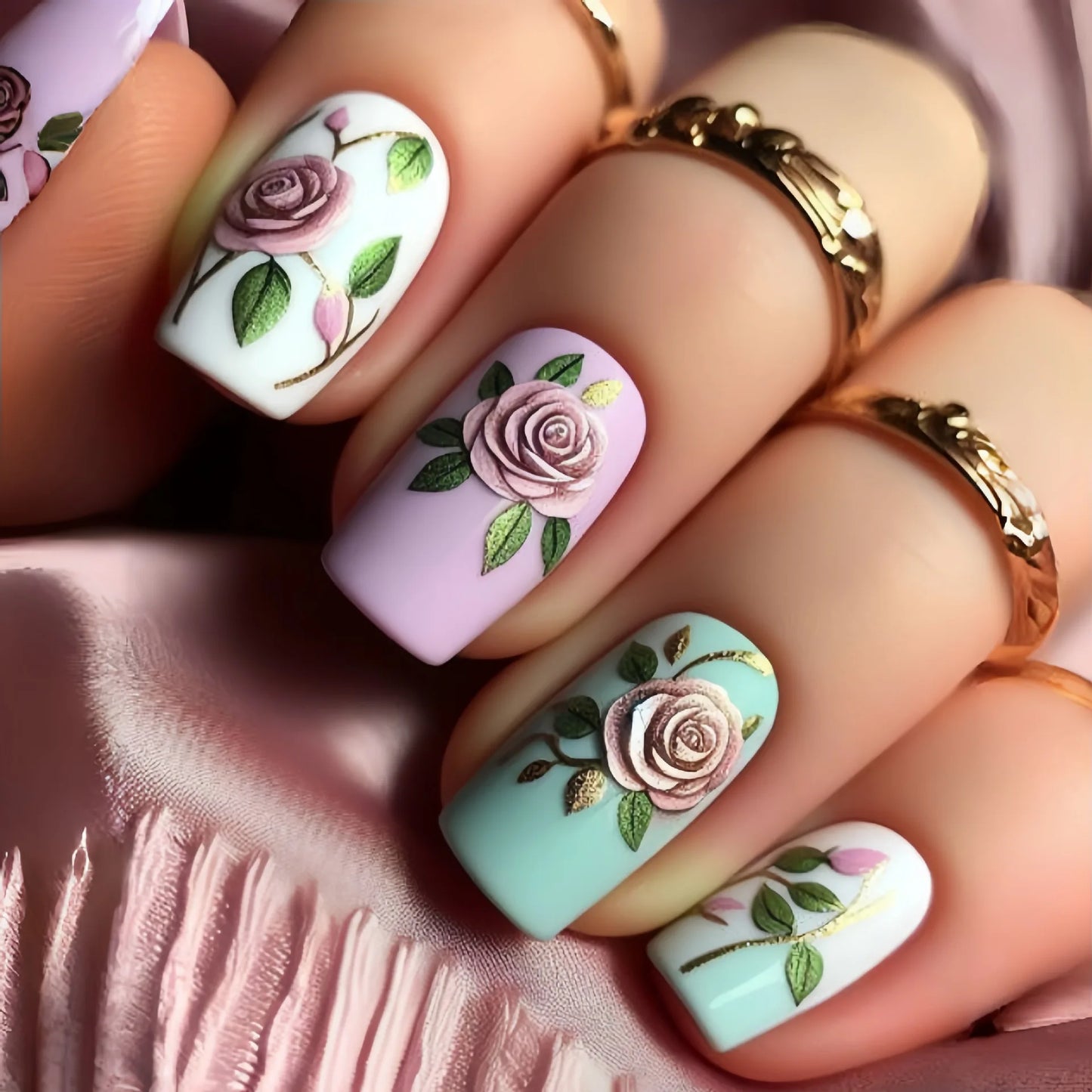 24Pcs Cute Square Stick on Fake Nail with Cartoon Panda Flower Pattern French Nail Art Acrylic Detachable Fashion False Nail Tip