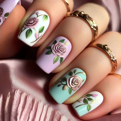 24Pcs Cute Square Stick on Fake Nail with Cartoon Panda Flower Pattern French Nail Art Acrylic Detachable Fashion False Nail Tip