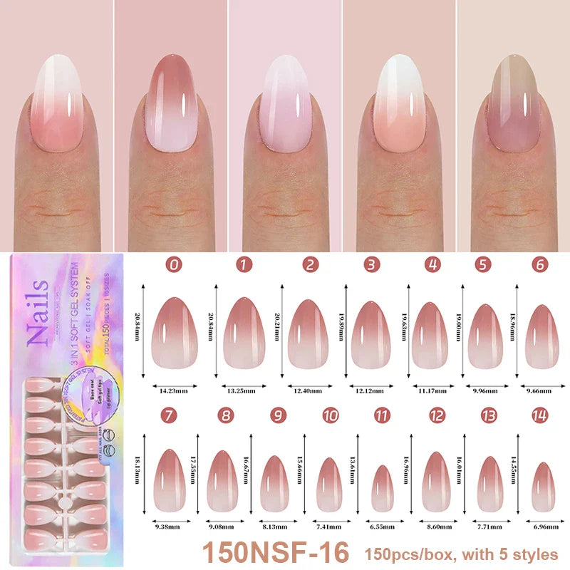 150Pcs/Box Acrylic Press on Nails Full Cover Fake False Tips Soft Gel Extension T-shaped Oval Capsule Almond Sculpted Salon DIY