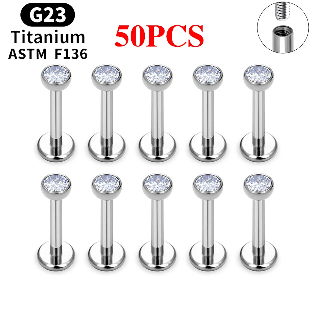 10/50PCS G23 Ttianium Piercing Labret Lip Stud Ring CZ 16G Internal Thread Stud Earring Ear Tragus Cartilage Helix Daith Jewelry