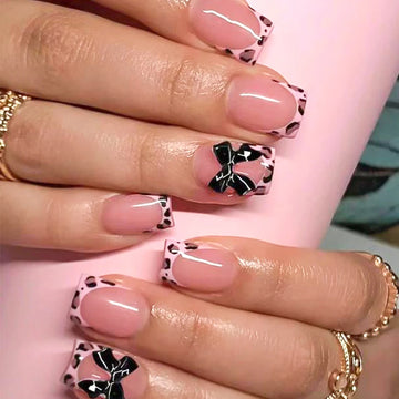 24Pcs Pink Leopard Print French Tips False Nails Short Square Head 3D Black Bowknot Fake Nails Acrylic Full Cover Press on Nails