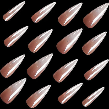 24Pcs White Gradient Press on False Nails Acrylic Stiletto Almond Fake Nail Wearable Solid Color Simple Full Cover Manicure Tips