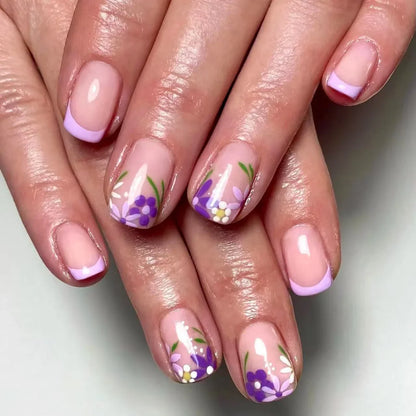 24Pcs Fairy White Flower Fake Nails Pink French Tip Press on Nails Short Square Wearable False Nail for Women Girls DIY Manicure