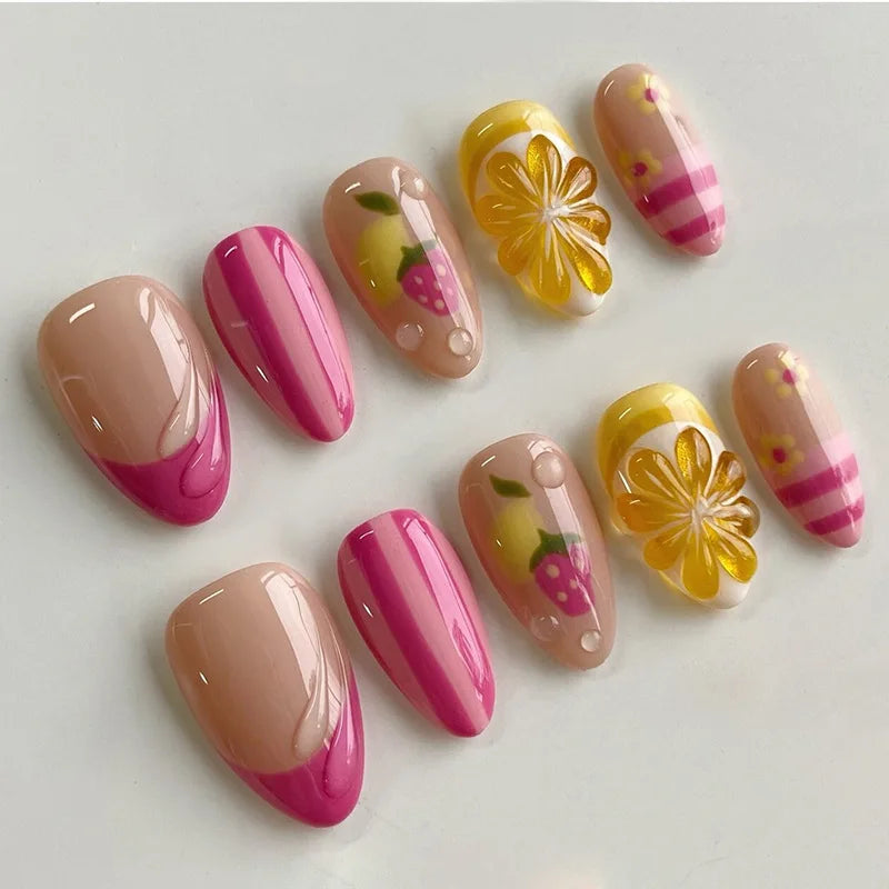 24Pcs Mid-length Almond Fake Nails Cat's Eye Deep Sea Blue Fish Design Press on False Nails Art Detachable Full Cover Nails Tips