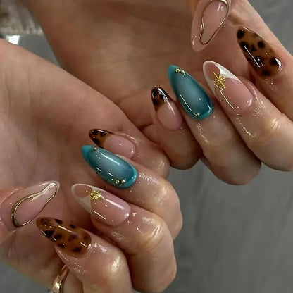 24pcs French Almond Press on Nails Leopard Print False Nails 3D Bow Wearable Stick-on Nails Fake Nail Uñas Накладные Ногти 네일팁