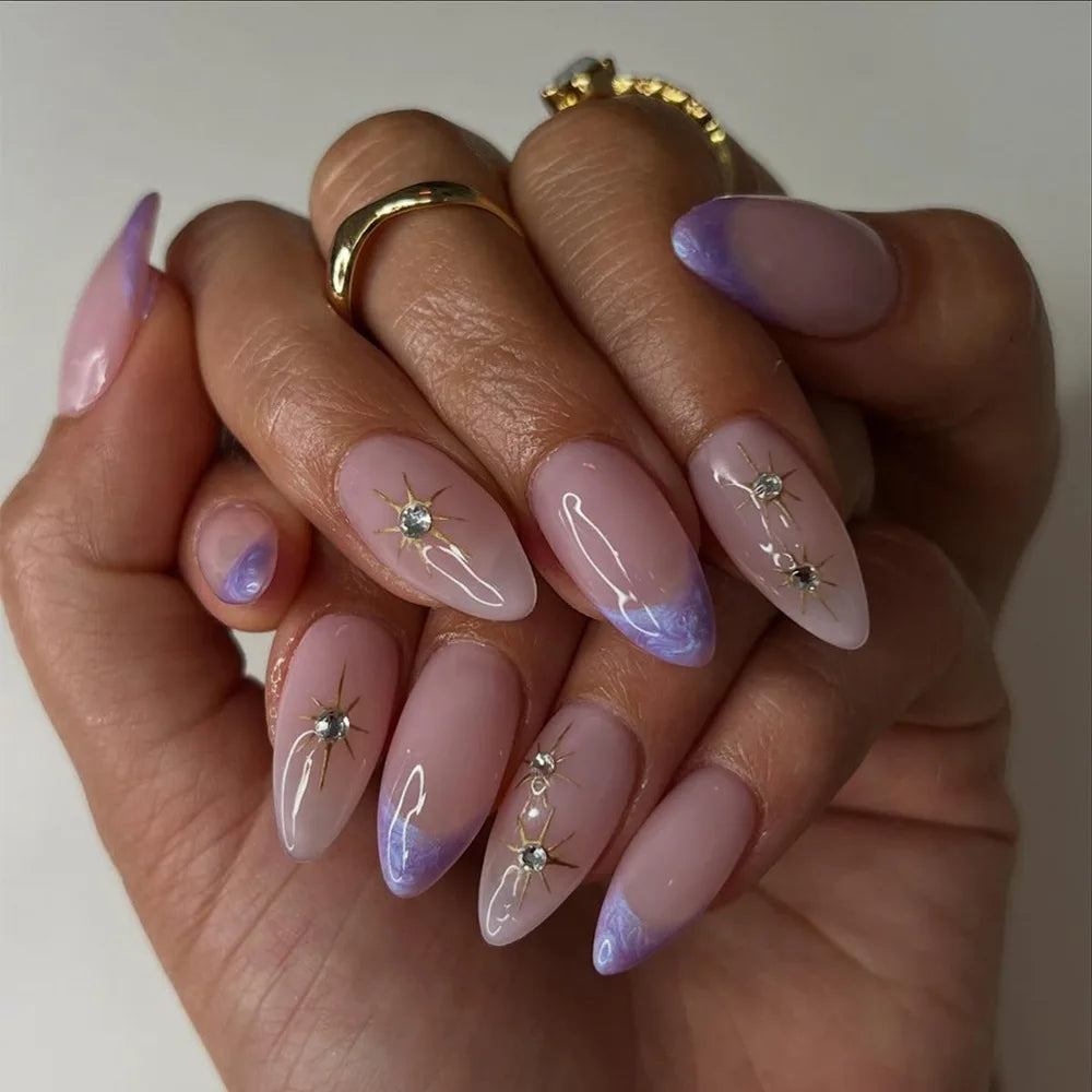 24pcs Short Almond Pink French False Nails Star Design Press on Nails Fake Nails DIY Manicure Detachable Stick-on Nail Tips