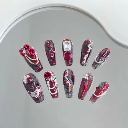 10pcs Handmade False Nails Goth Red Rose Fake Nails Black 3D Pearl Crystal Decor Press on Nails Tips Full Finished Wearable